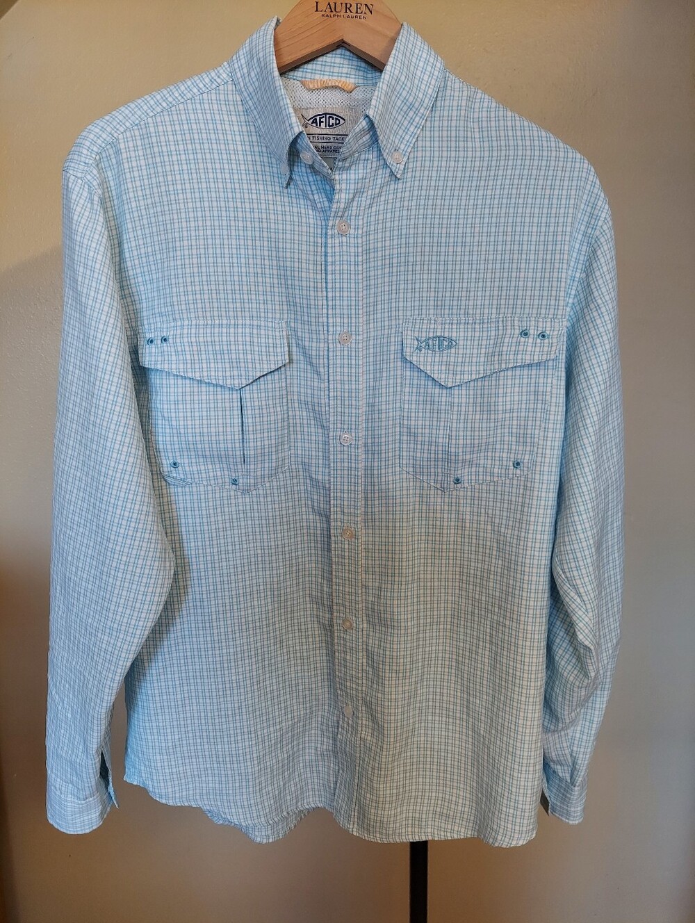 Aftco Men’s Light Blue Plaid Button-Up Shirt American Fishing Tackle Co Sz S